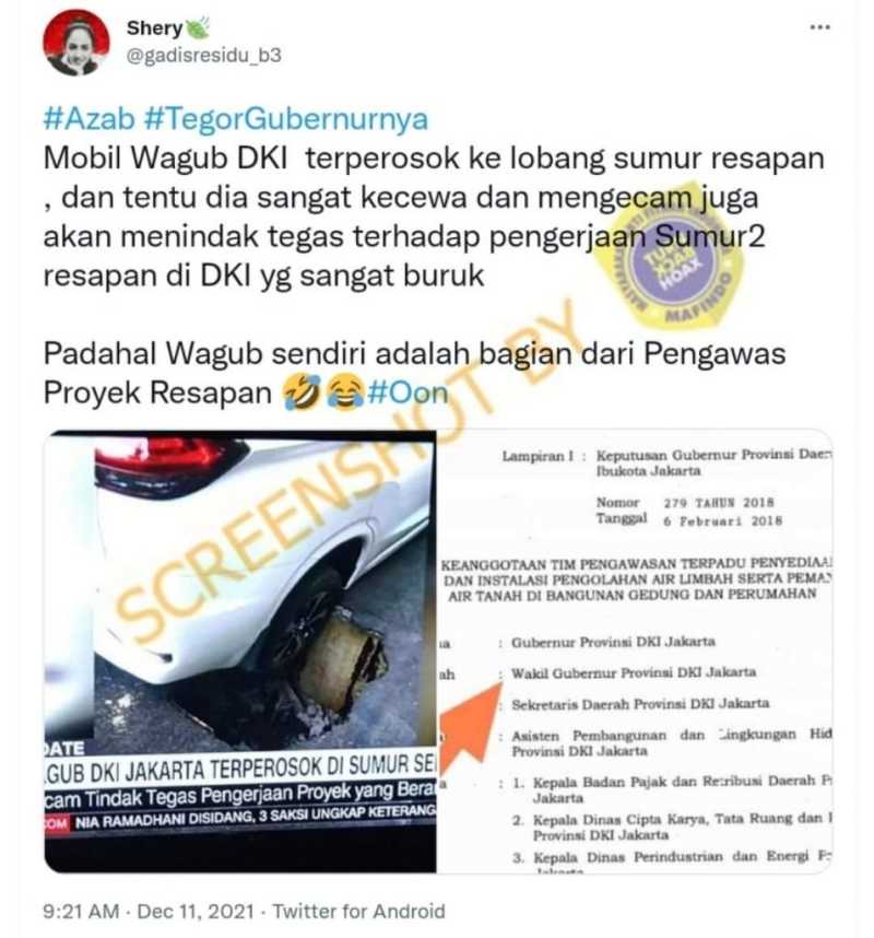 Unggahan yang sebut mobil Wagub DKI Jakarta Ahmad Riza Patria kejeblos sumur resapan