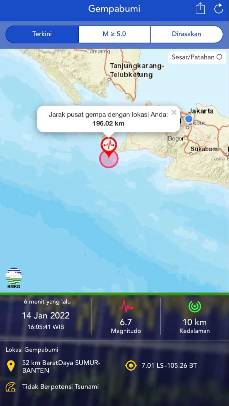 Gempa berkekuatan 6,7 skala Richter yang terasa hingga Jakarta berpusat di Banten
