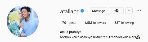     Profil bio Instagram istri Ridwan Kamil, Atalia Praratya