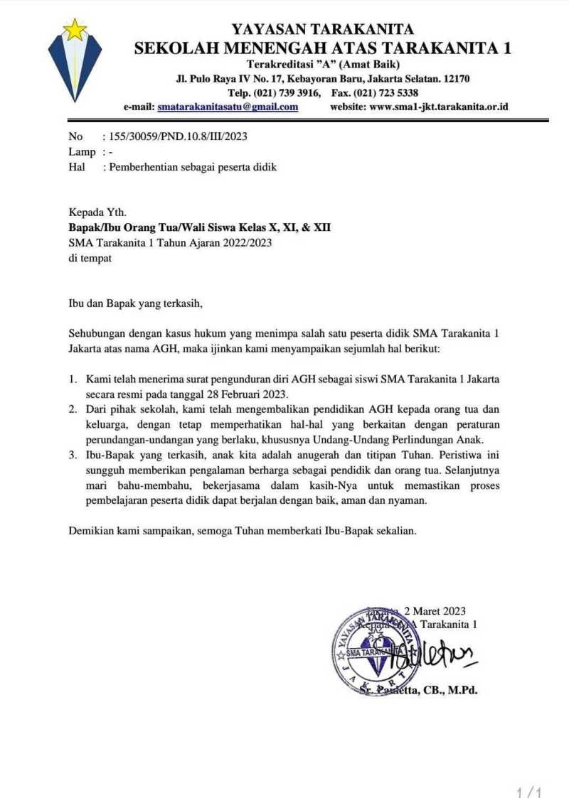     Surat pengunduran diri AG dari SMA Tarakanita 1