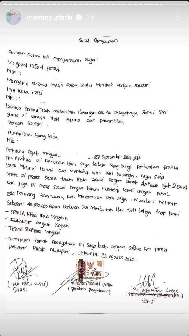 Istri Virgoun Putra Tambunan Ungkap Perselingkuhan, Ini Isi Surat ...