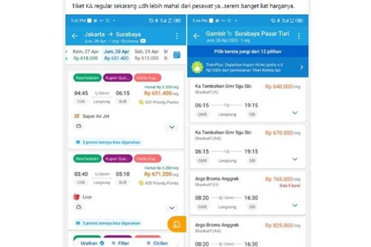     Perbandingan harga tiket kereta api dan tiket pesawat Jakarta-Surabaya
