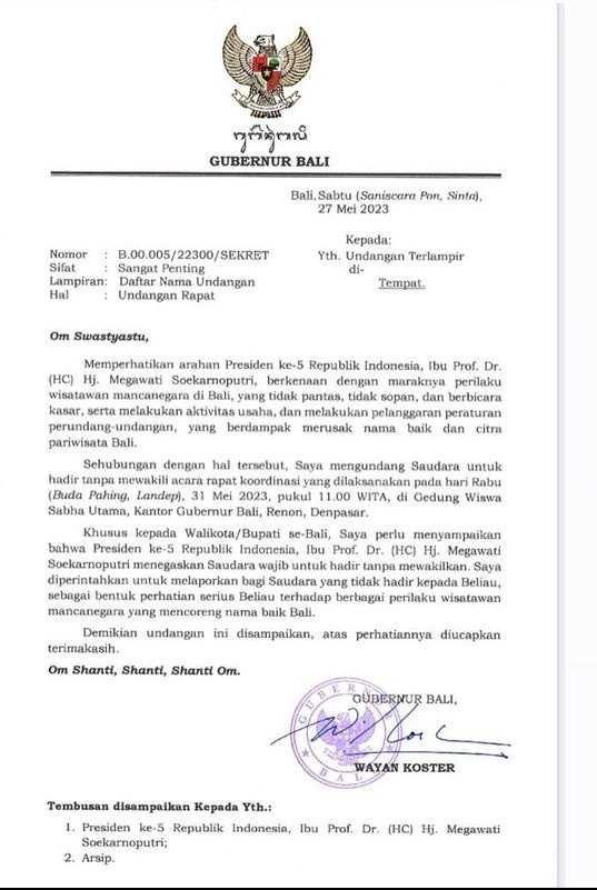     Surat Gubernur Bali Wayan Koster mengumpulkan kepala daerah se-Bali atas perintah Megawati Soekarnoputri (ist)
