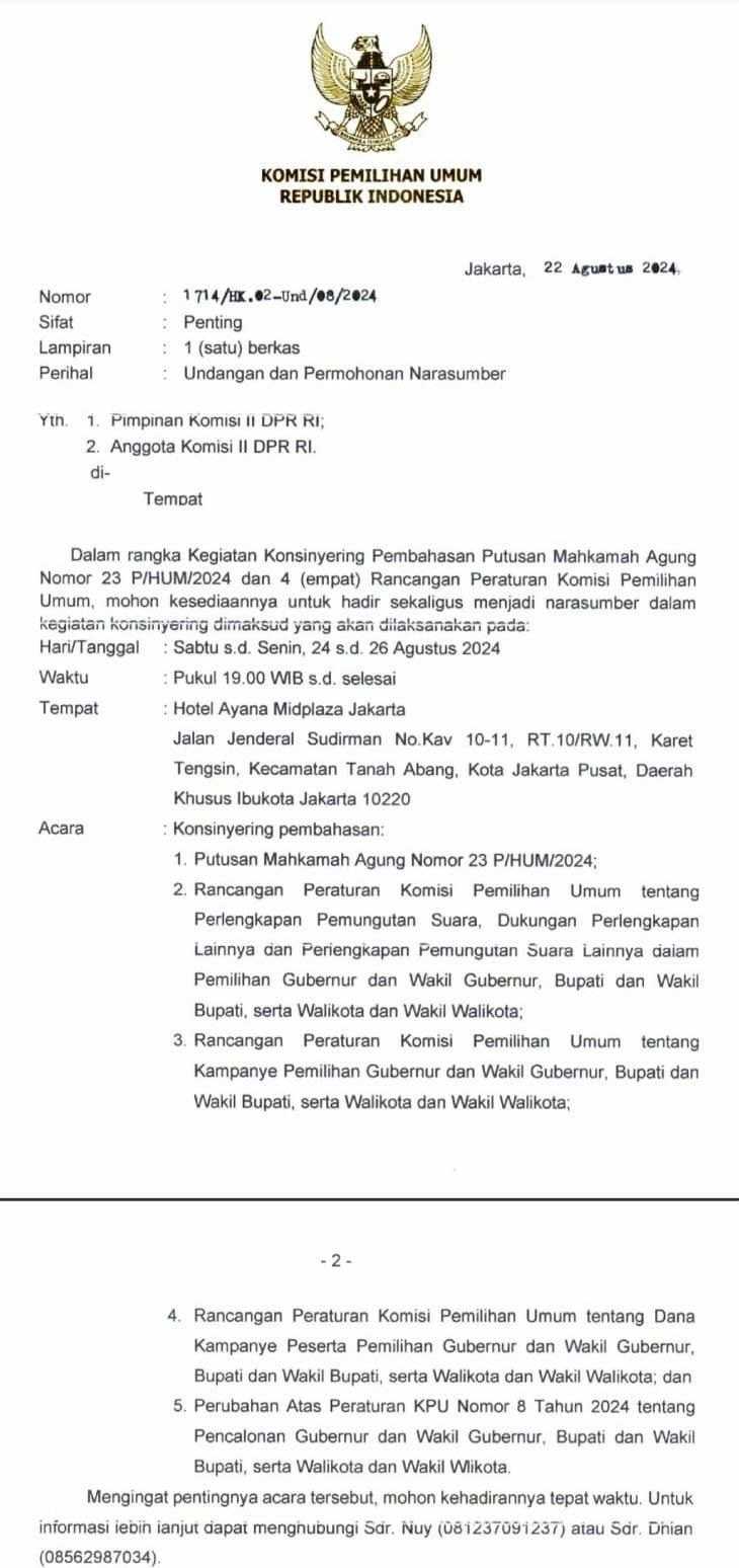     Surat KPU ke Komisi II DPR permintaan konsinyering Putusan MA (Istimewa)