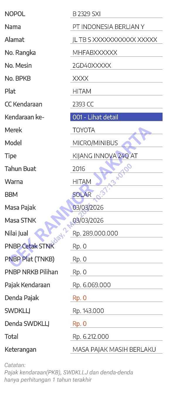     Pajak mobil Toyota Innova yang ditumpangi Jokowi ke Polda Metro Jaya sudah dilunasi (Samsat Jakarta)