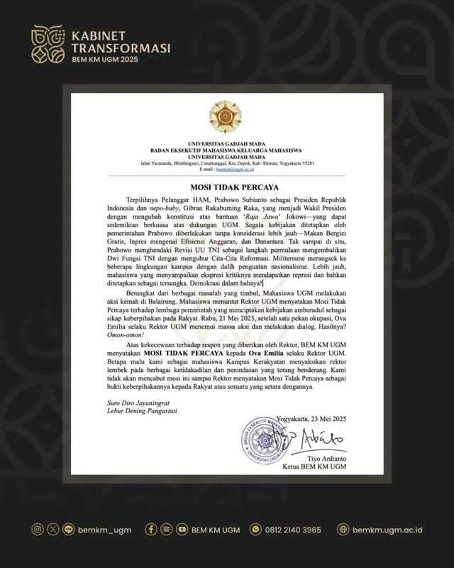    Mosi Tidak Pecaya Rektor UGM, Ova Emilia (@BEMKM_UGM)