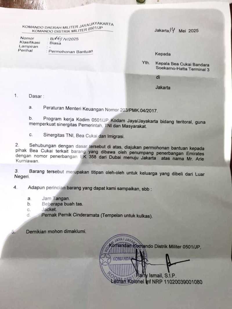     Viral surat dari Dandim 0501/JP Letkol Inf Harry Ismail meminta bantuan Bea Cukai Bandara Soekarno-Hatta Terminal 3 (Ist)
