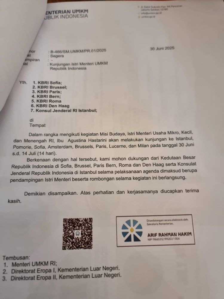     Surat Kementerian UMKM meminta pendampingan terhadap Agustina Hastarini istri Menteri UMKM, Maman Abdurrahman (ist)