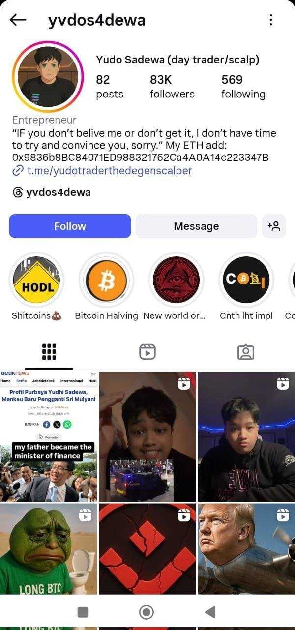     Akun Instagram @yvdos4dewa yang diduga milik anak Menteri Keuangan Purbaya Yudhi Sadewa (ist)