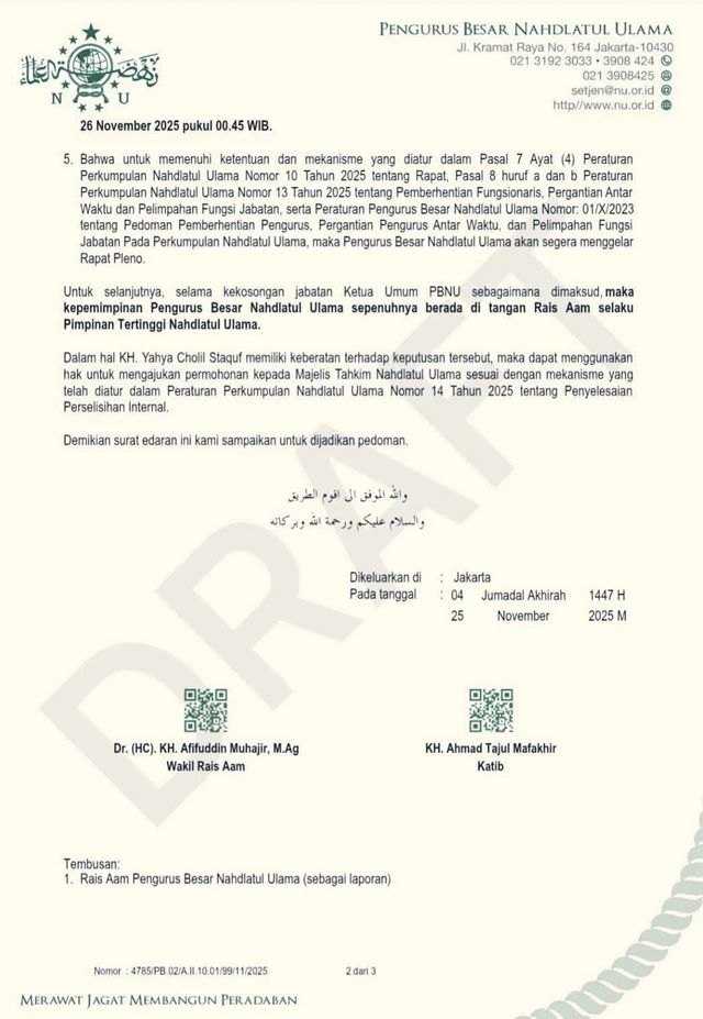 Surat pemecatan Gus Yahya sebagai Ketum PBNU (Ist)