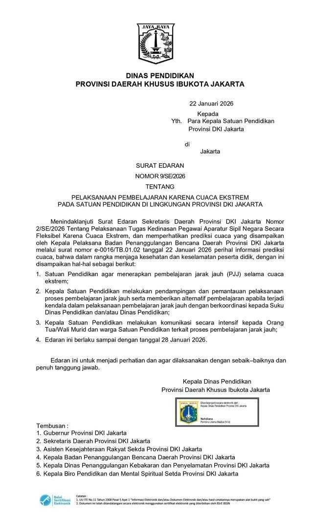 Surat Edaran Dinas Pendidikan DKI Jakarta soal Pembelajaran Jarak Jauh (Ist)
