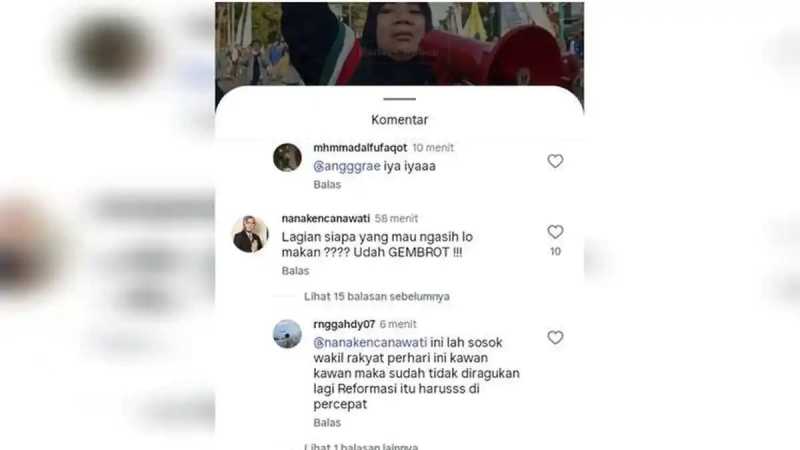 Komentar Wakil Ketua DPRD Kota Cirebon dari Fraksi Gerindra, Nana Kencanawati di media sosial (Ist)